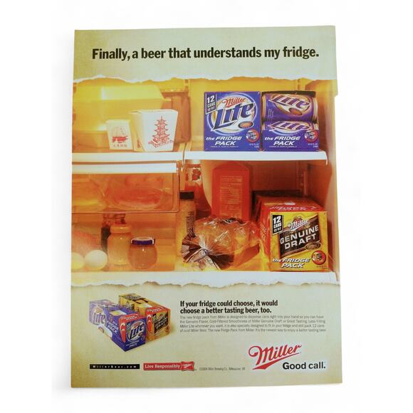 2004 Miller Beer Print Ad Fridge Packed Cans Finally Understands My Fridge Quote - Picture 1 of 7